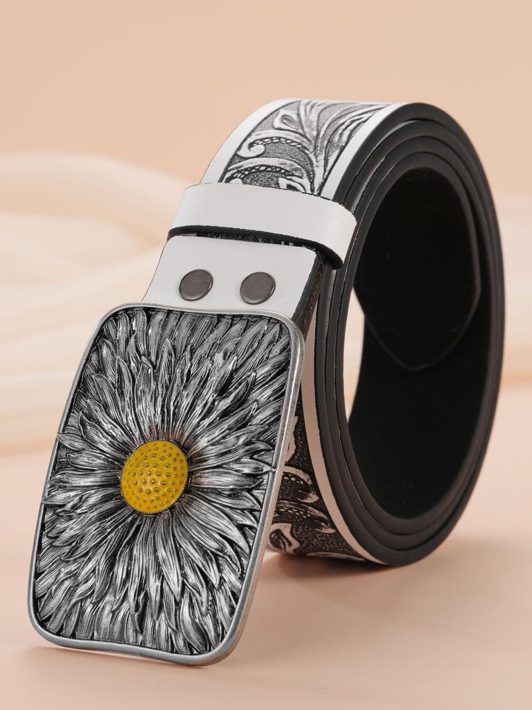 Silver Plated Sunflower Ladies Belt Spice Girl Embossed Vintage Plate Buckle Belt Jeans Decorative Belt