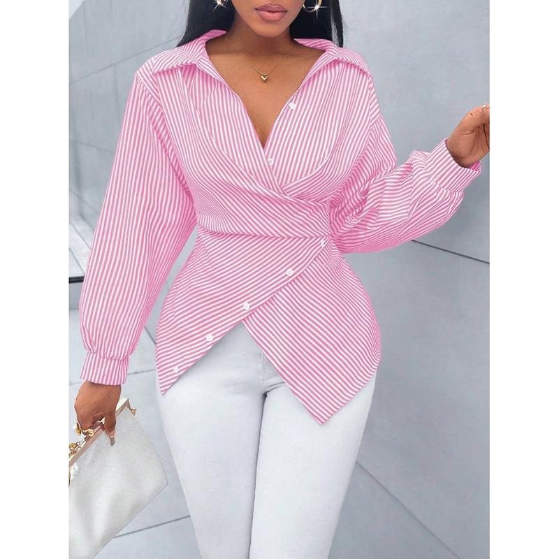 

Полосатая женская футболка с V-образным вырезом, длинными рукавами, кружевной застежкой на пуговицы, модная, универсальная, в повседневном городском стиле, весенний топ 2XL розовый