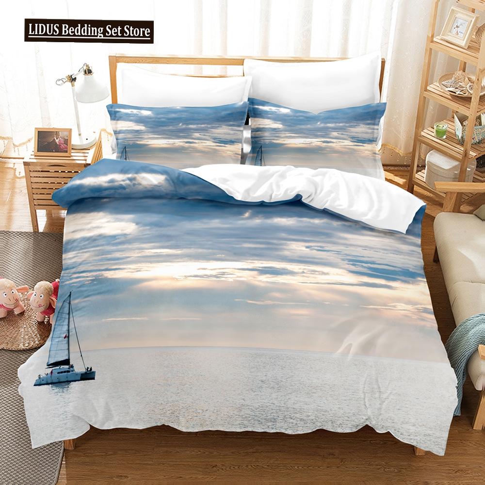 Zestaw Poszwy na Kołdrę Krajobrazowy Rozmiar King Full Letni Palmy Plaża Fale Morskie Motyw Oceaniczny Dla Dzieci Dziewczynka Chłopcy Poliestrowy Zestaw Pościeli