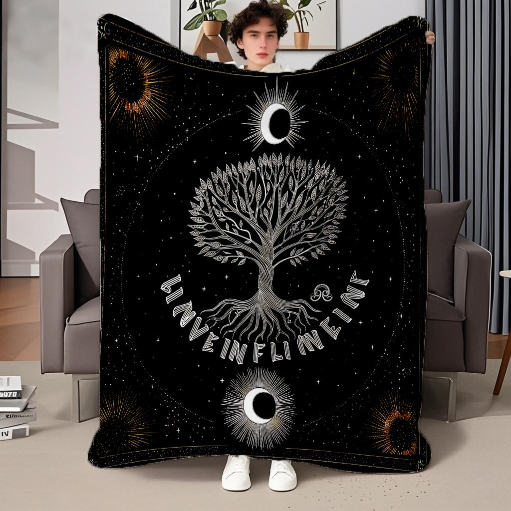 130cm×150cm Flannel Throw Blankets Boho Chic Golden Tree of Life Antique Blankets Lightweight Luxury Blanket,Couch Bed