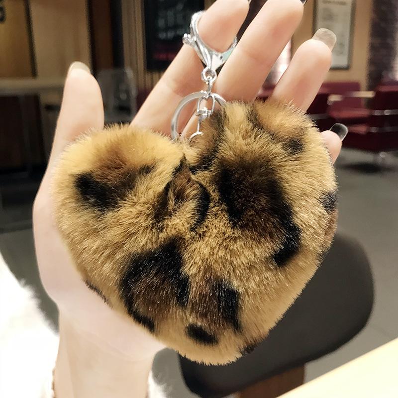 Leopard love plush fur ball keychain car key chain pendant student bags New gifts Heart KeyRing K2403