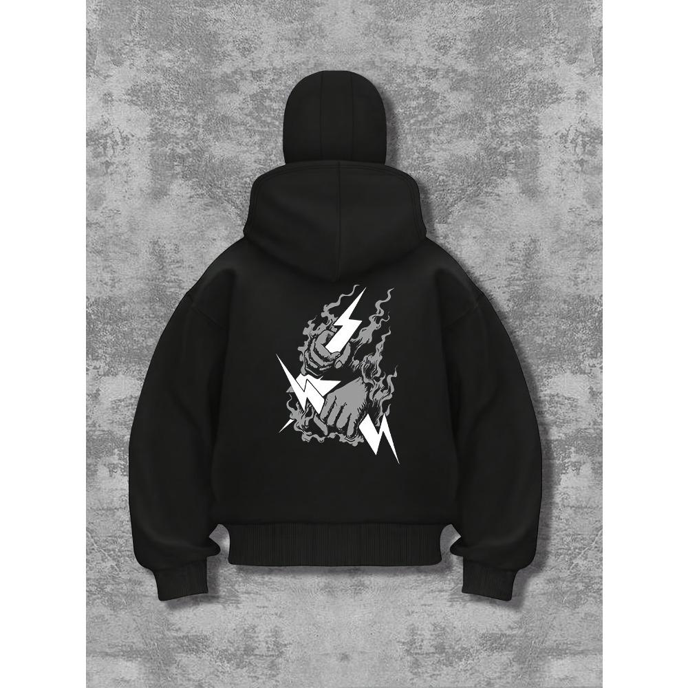 Men's Fashion Pattern Printed Double Layer Hoodie - Black Zipper Casual Street Wear with Balaclava Design Unique