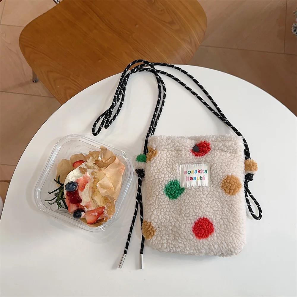 New Plush Dot Crossbody Bags for Women Cute Pink Single Shoulder Crossbody Bag Women Shopping Storage Bag Portable Phe Pouch