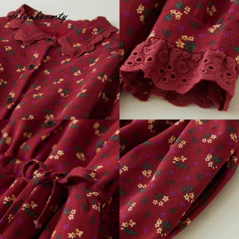 Japanese Mori Girl Autumn Winter Women Midi Dress Turn-Down Collar Red Navy Blue Floral Print Lace Up Dress Fleece Thick Warm Vintage Dress