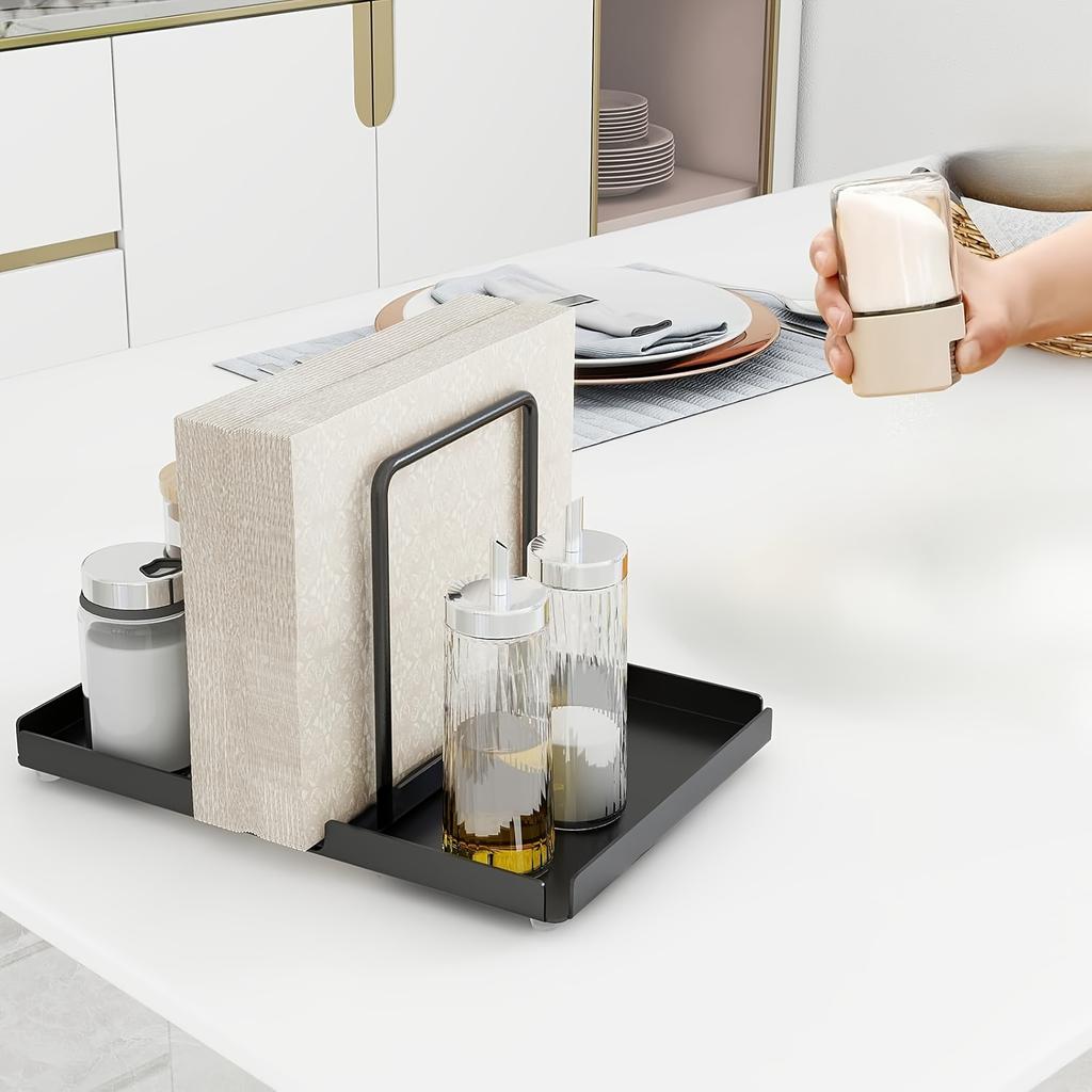 Metal Napkin Holder forTable with Salt and Pepper Shakers Caddy,Napkin Storage Dispenser for Kitchen DinnerTable and Picnic Deco
