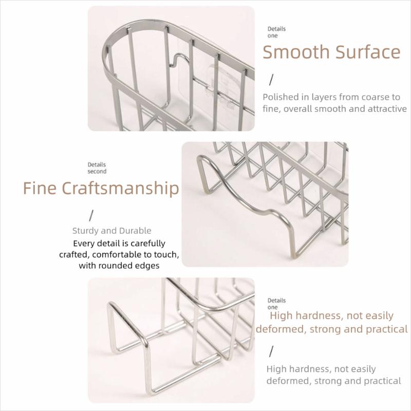 Suction Cups Sponge Drainer Rack Hollowed With Hook Stainless Steel Sponge Holder Fast Drainage Easy-To-Clean Sink Sponge Stand