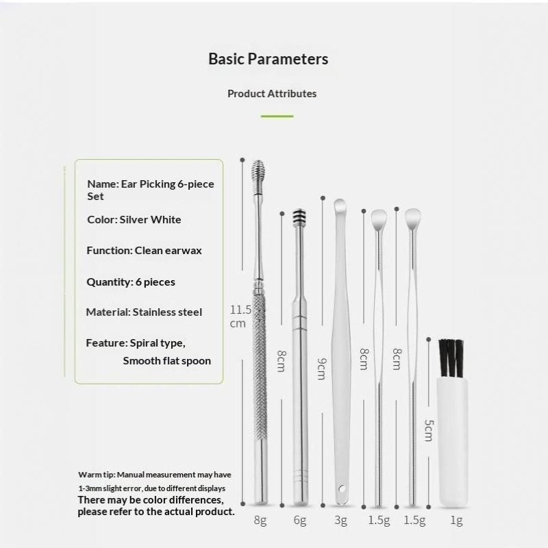 6Pcs Portable Ear Pick Set Stainless Steel Ear Wax Remover Tools with Non-slip Handle for Daily Ear Cleaning Use