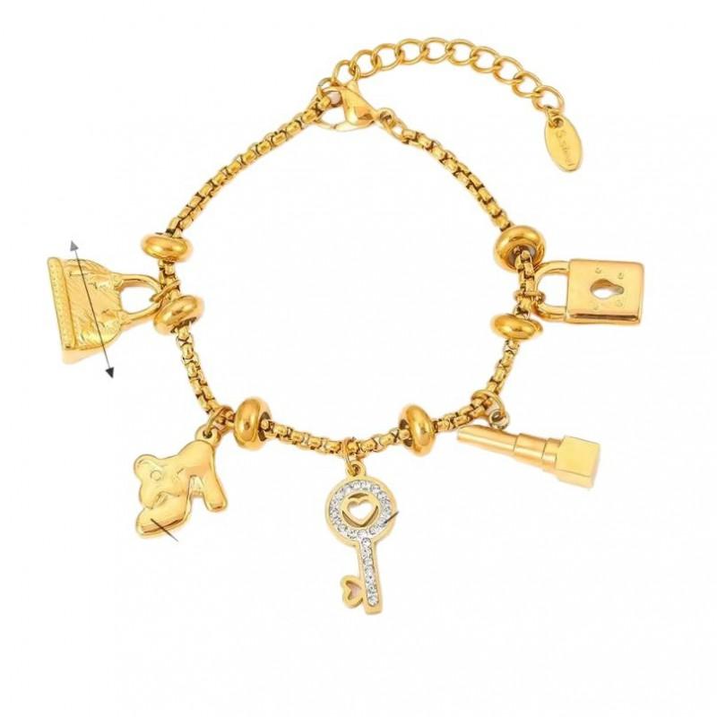 Vintage-Inspired Rhinestone Pendant Charm Bracelet Women 18K Gold Plated Titanium Steel Hypoallergenic Fade-Resistant