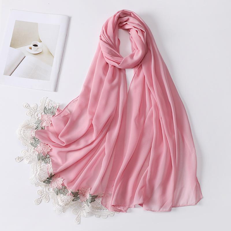 New Premium Pearl Chiffon Hijab Long Shawl Embroidered Lace Floral Muslim Women Wrap Headscarf 70X175Cm Abaya Islam Turban Femme