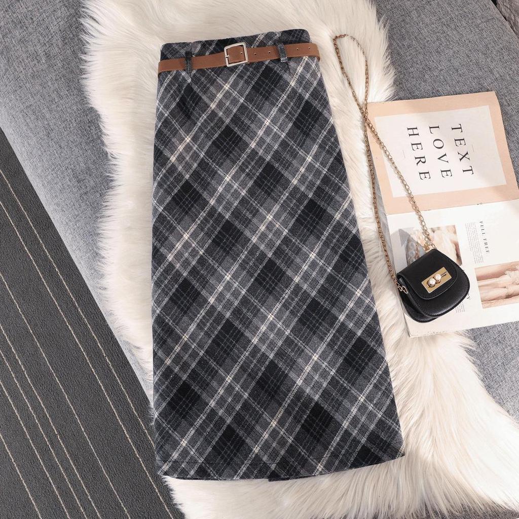 Non-Itchy Vintage Plaid Wool Blend Midi Skirt - Women's High Waist Slimming A-Line with Slit