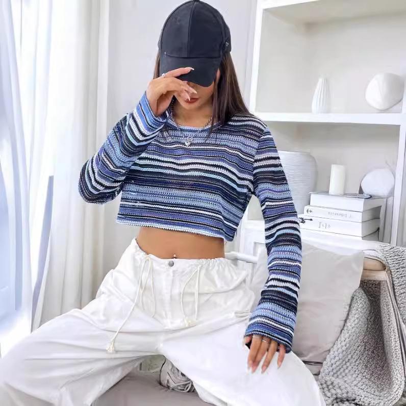 Women's Long Sleeve Round Neck Multicolor Striped Crop Top with Hollow Design