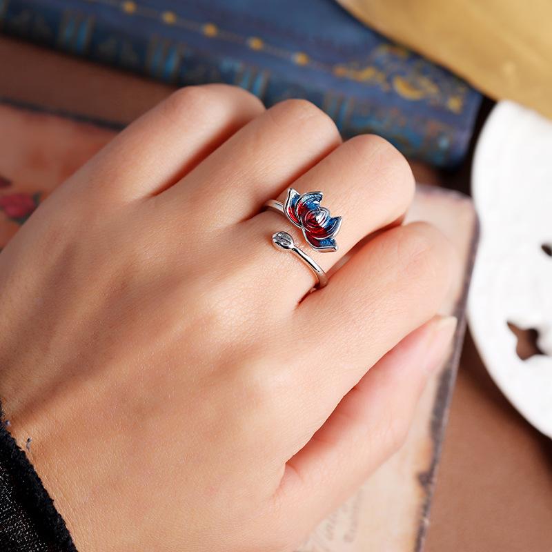 [Enter brocade] Retro medium enamel open silver ring men's and women's cloisonne simple temperament antique index finger ring