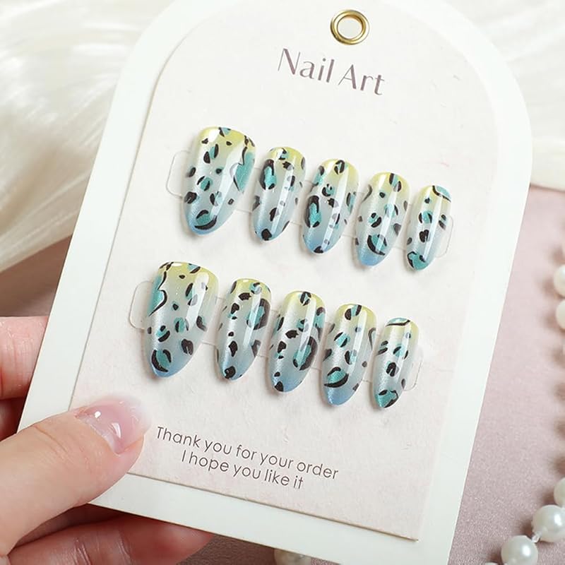 30Pcs Almond Shape Press on Nails Medium Fake Nails with Cat s Eye Cherry Leopard Print Designs Acrylic Glue on False Nails Artificial Nail Press Ons Blue To Yellow Ombre