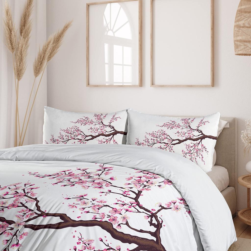3-Piece Japanese-Inspired Duvet Cover Set - Vibrant Sakura Tree Flowers Spring Theme Art Soft Decorative Bedding with 2 Matchin