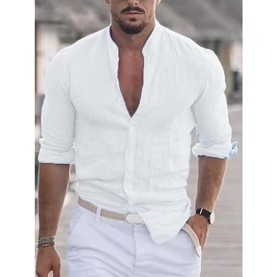 Men's Summer Autumn White Shirt Man Long Sleeve Cotton Linen Shirt Solid Blue Green Tops Clothing