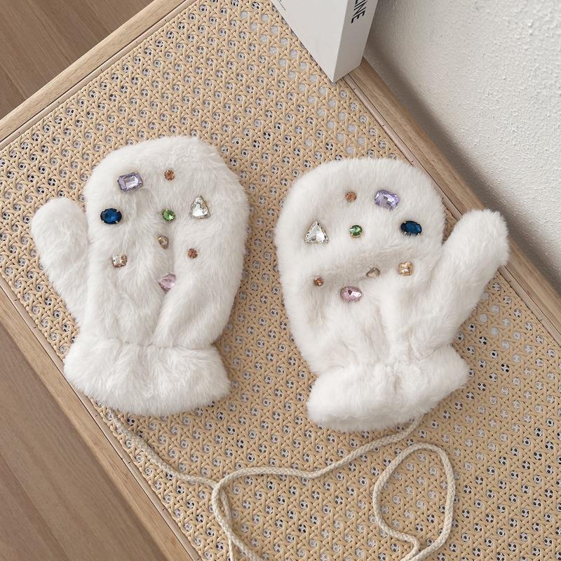 

Gloves winter women s velvet thickened warm windproof cold flash diamond students outdoor riding neck five fingers tide one size fits all белый