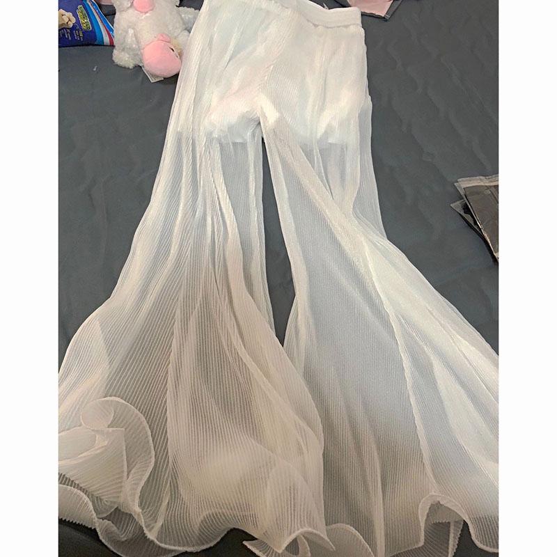 Weiße Netzhose mit weitem Bein für Damen, ausgestellte Hose mit Rüschen, elastischer Bund, Plissierte, klimatisierte Hose, Tanzhose für den Sommer