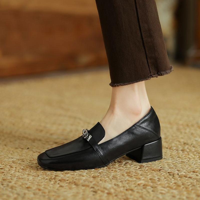 Casual square heel small leather shoes new fashion single shoes women's headgear and feet one pedal beef tendon sole large size medium heel fashion