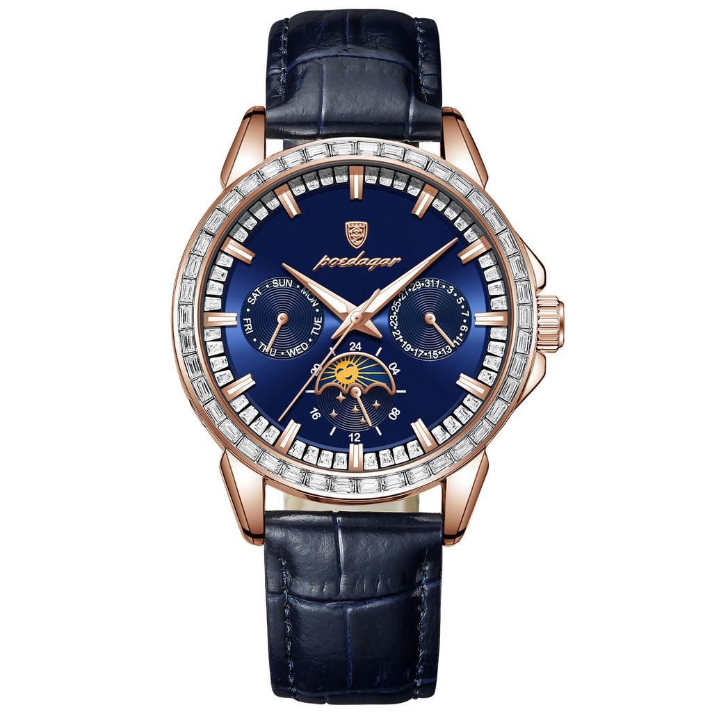 Herren-Quarzuhr mit Diamantenbesatz, Drei-Augen-Sechs-Zeiger-Mondphasen-Zifferblatt, Wasserdichte Herrenuhr mit Leuchtzeigern für Business und Freizeit, Geschenk für die Feiertage