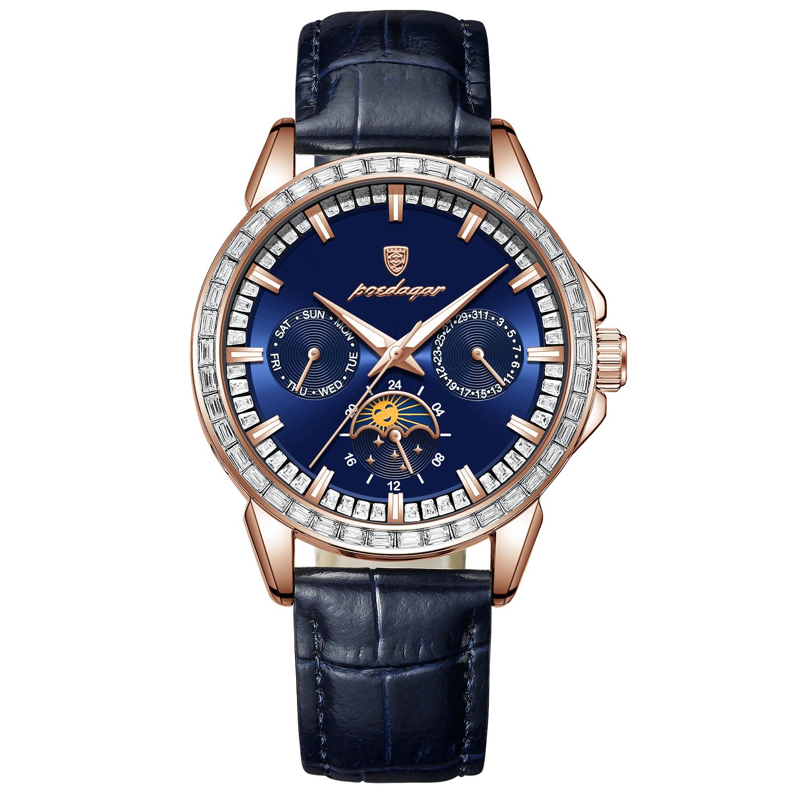 

Мужские кварцевые часы Three Eyed Six Pin с инкрустированным бриллиантами и циферблатом с фазами Луны, водонепроницаемые светящиеся деловые часы, изысканные мужские подарочные часы синий/ярко-розовый