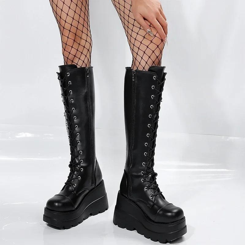 Fashion Luxury Women's Shoes Winter High Heels Riding Boots New Platform Knee High Women Shoes Fashion Trend Lace Up Wedges Zipper Boots