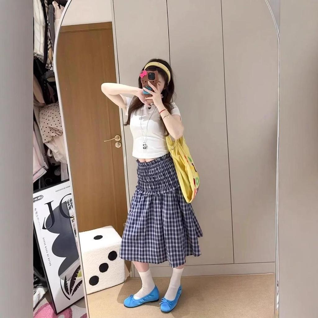 Blue Plaid Women's High Waist A-Line Midi Skirt - Petite, Versatile, and Loose-Fitting.