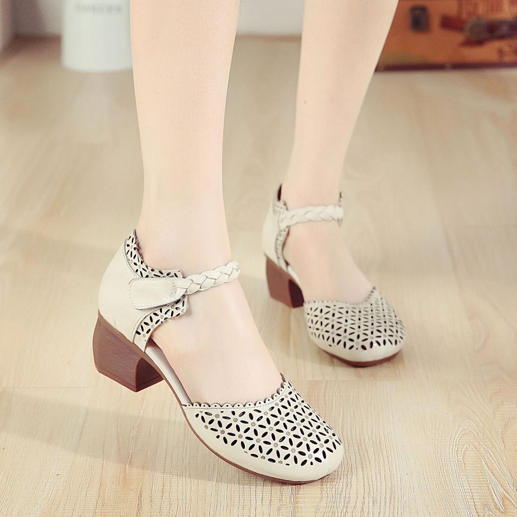 2025 summer casual beef tendon sole women's shoes genuine leather fish mouth sandals women's thick heel soft sole hole shoes