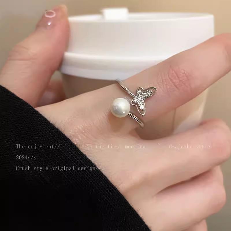 Butterfly Pearl Zircon Open Ring Niche Design Girlfriend Index Finger Ring Light Luxury Adjustable Ring