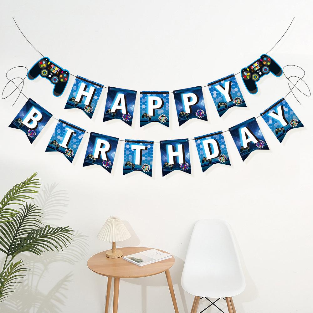 Gamepad Birthday Pull Flag GAME ON theme Happy Birthday Party Children Holiday Gift Decorated Banner Blue Game Dpiral Ribbon