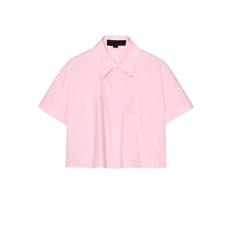 Spring and Summer New Women's Clothing Minimalist Pleated Decorative Poplin Cotton Short Sleeve Lapel Short Shirt 4764014