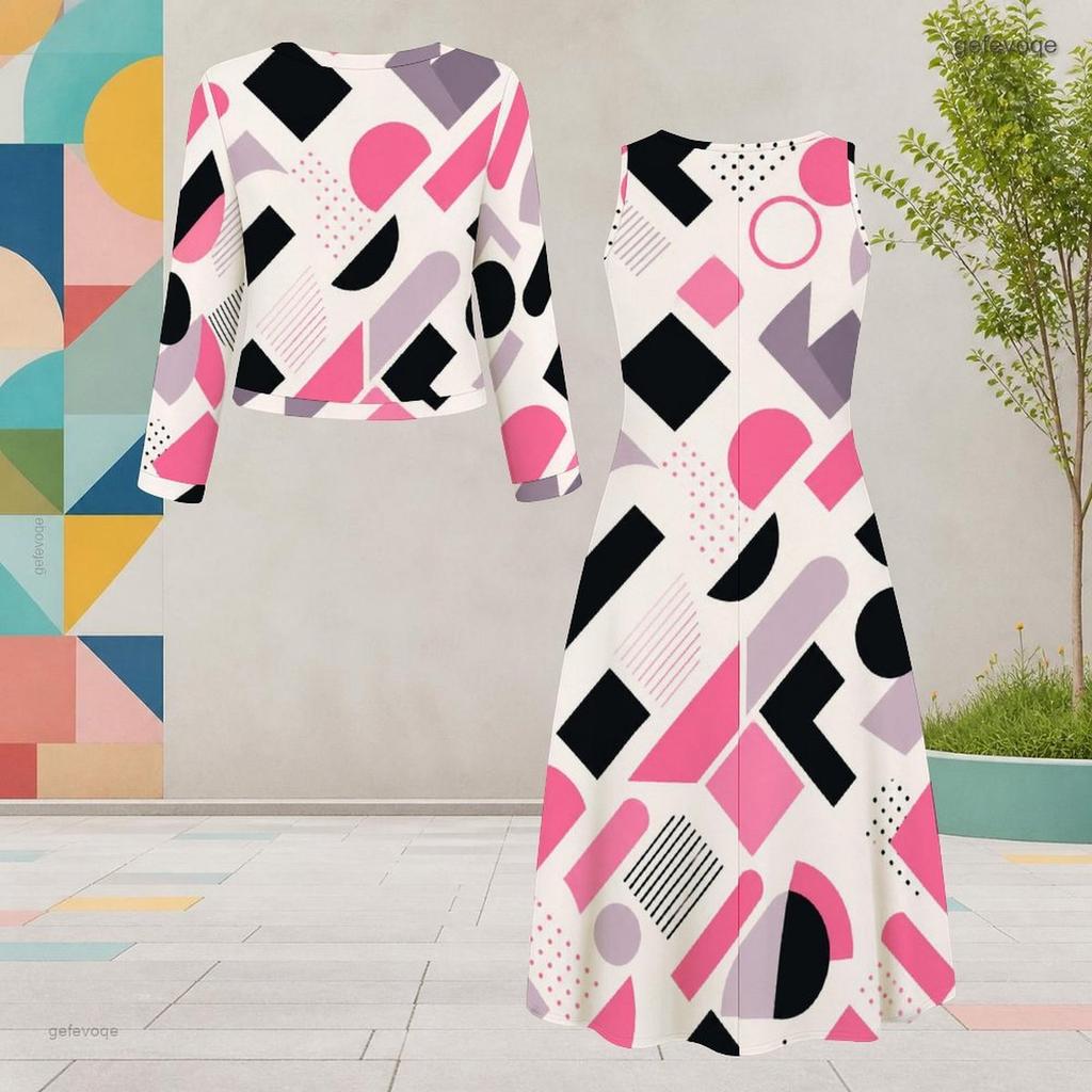 Women Plus Size Printed Round Neck Long Sleeve Cropped Cardigan Sleeveless Dress Two Piece Set