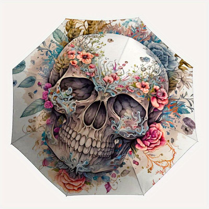 1pc Elegant Floral Skull Design Automatic Opening and Closing Umbrella, Lightweight 3-Fold, With Cute Cartoon Characters, Suitable for Home, Outd