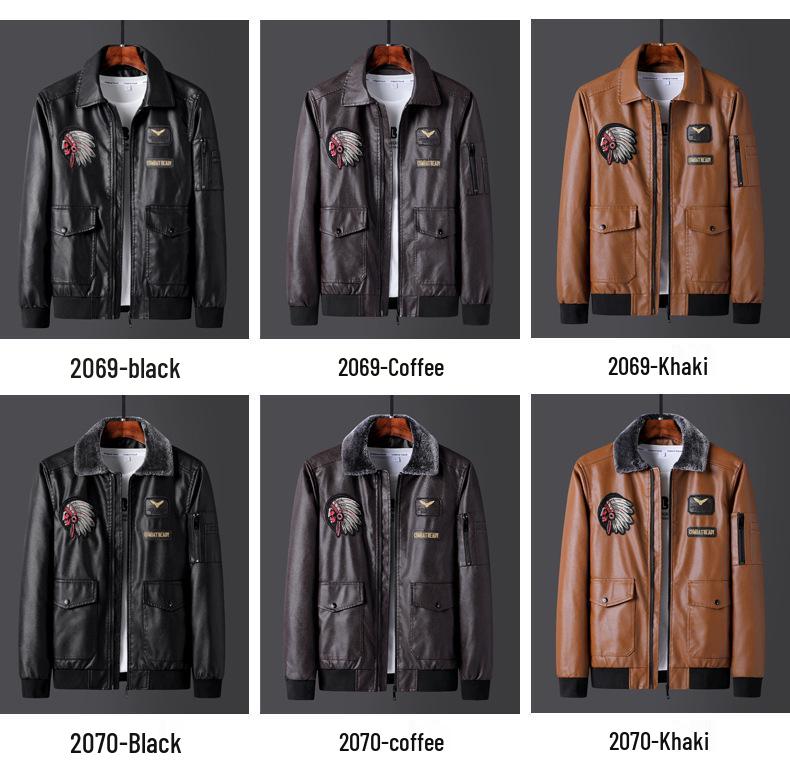 Men's Plus Size Embroidered Leather Baseball Jacket with Velvet, Trendy Spring & Autumn Outerwear.