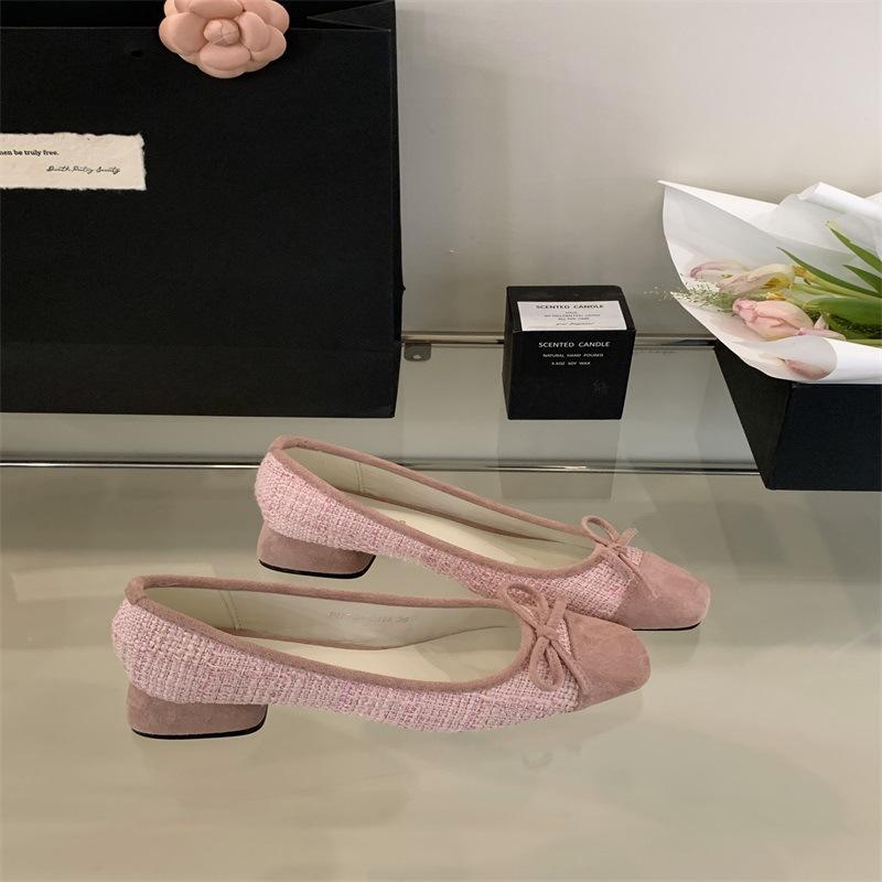 2025 Spring French Inner Height Increase Retro Pink Single Shoes Women's Shoes Small Fragrant Ballet Bow Fairy Shoes