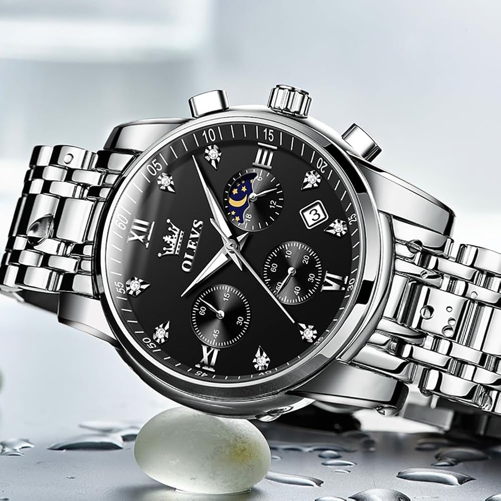 OLEVS Men's Luxury Analog Quartz Watch Silver Black Two-Tone Waterproof Date Display Stainless Steel Casual Timepiece