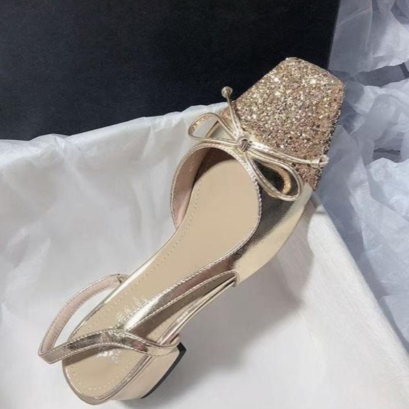 Fashion Spring New Baotou Sandals Women's Fashion Square Head Shallow Mouth Sequin Butterfly Knot Non-slip High Heels