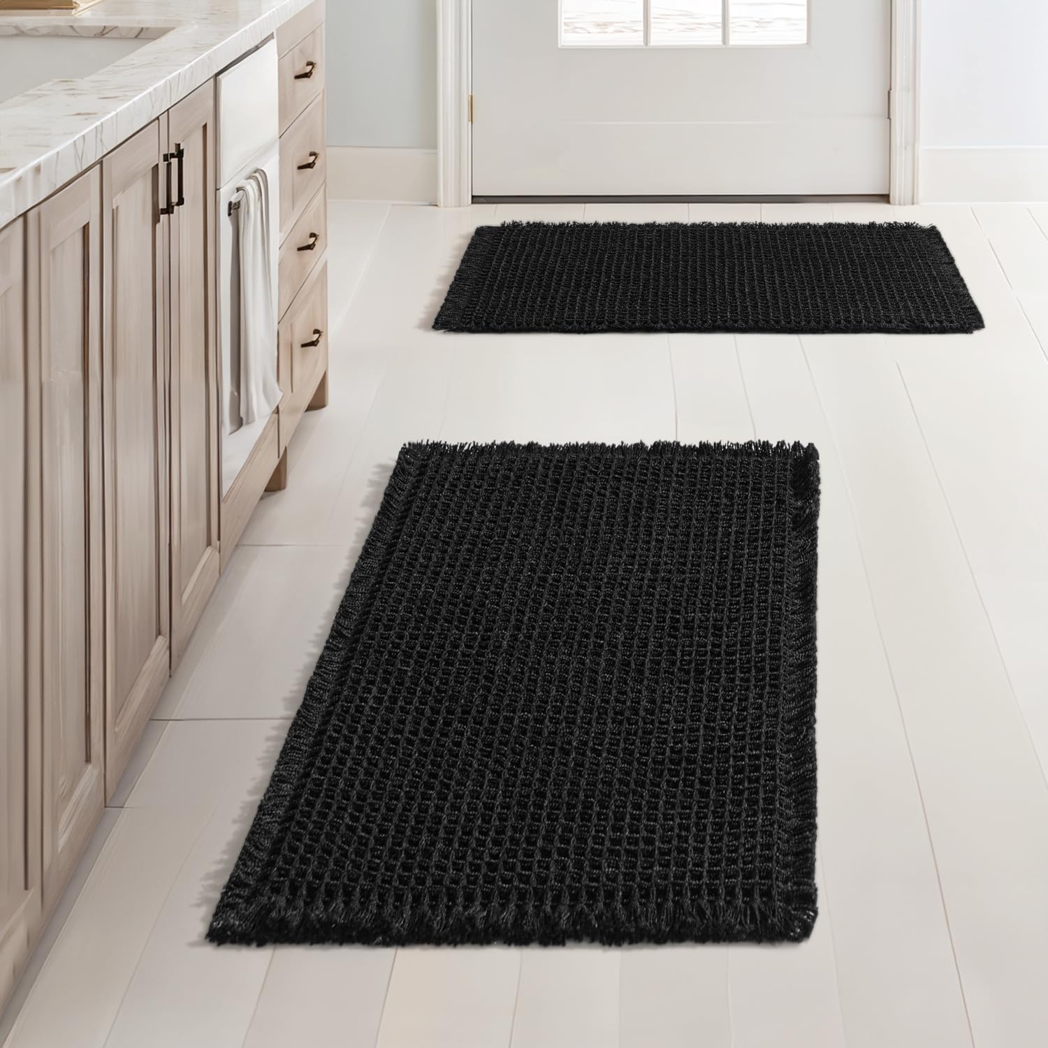 

Waffle bathroom rug, bohemian style, non-slip, washable, ultra-soft rubber backing, suitable for bathroom floors, bathtubs, and shower rooms. 17''x24'' чёрный