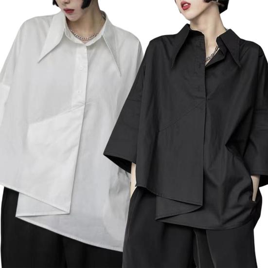 Women Men Shirt Pocket Decoration Irregular Hem Single-breasted Three Quarter Sleeves Solid Color Daily Wear Loose Lapel Summer Spring Shirt