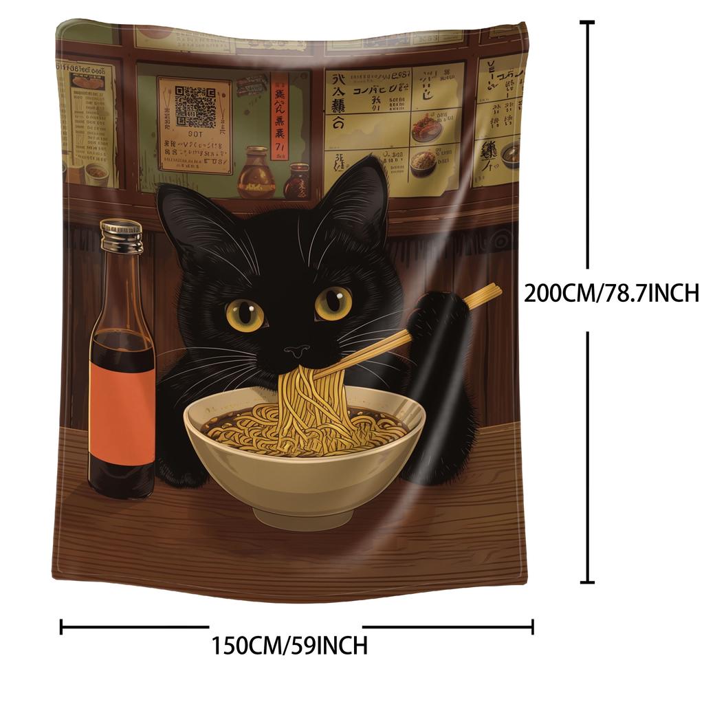 Black Cat & Noodles Print Throw Blanket - Cute Japanese Anime Motif Soft Lightweight Accent for Sofa Bed Travel Office Gift