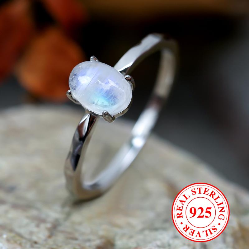 Klasyczne pierścionki z owalnym kamieniem księżycowym ze srebra próby 925 dla kobiet i dziewcząt, luksusowy prezent dla miłośników biżuterii z czterema pazurami