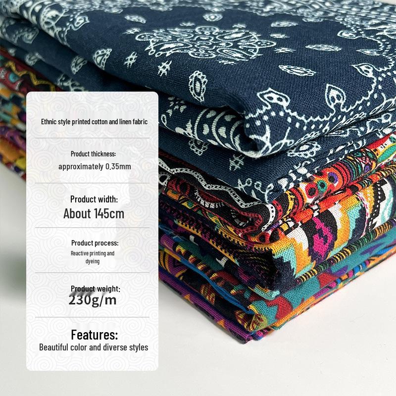 Ethnic Style Cotton Linen Fabric – Lijiang Yunnan Print for Tablecloths, Clothing, Curtains, and Bags