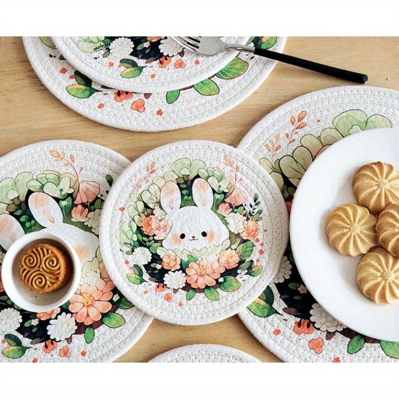 3pcs Green Rabbit Round Thermal Insulation, Kitchen Accessories,Pad Retro Home Dining Pad Thermal Insulation Pot Pad Cute Cotton Tray Pad