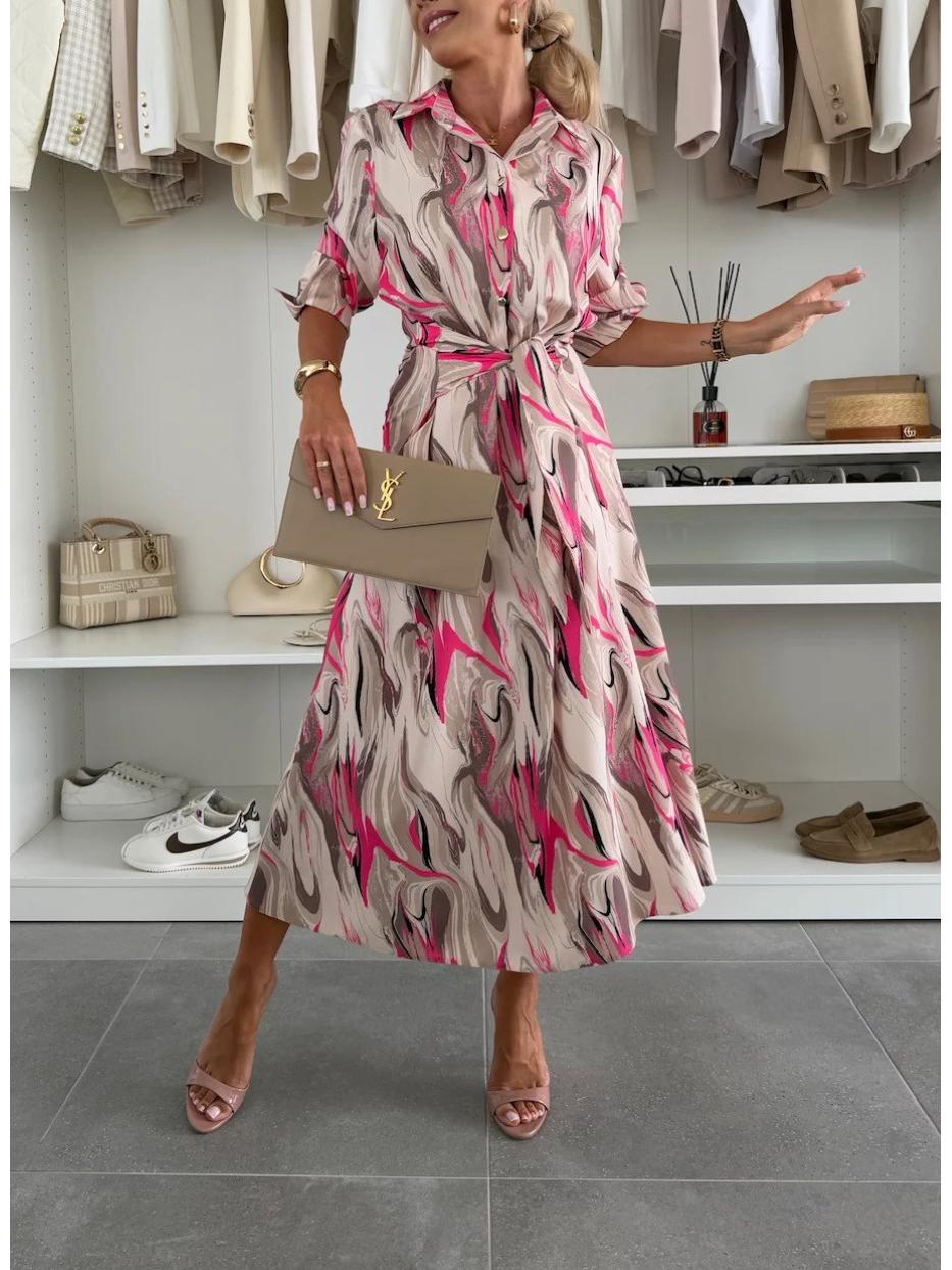 

2025 Vintage European & American Floral Baroque Shirt Dress with Belt Large