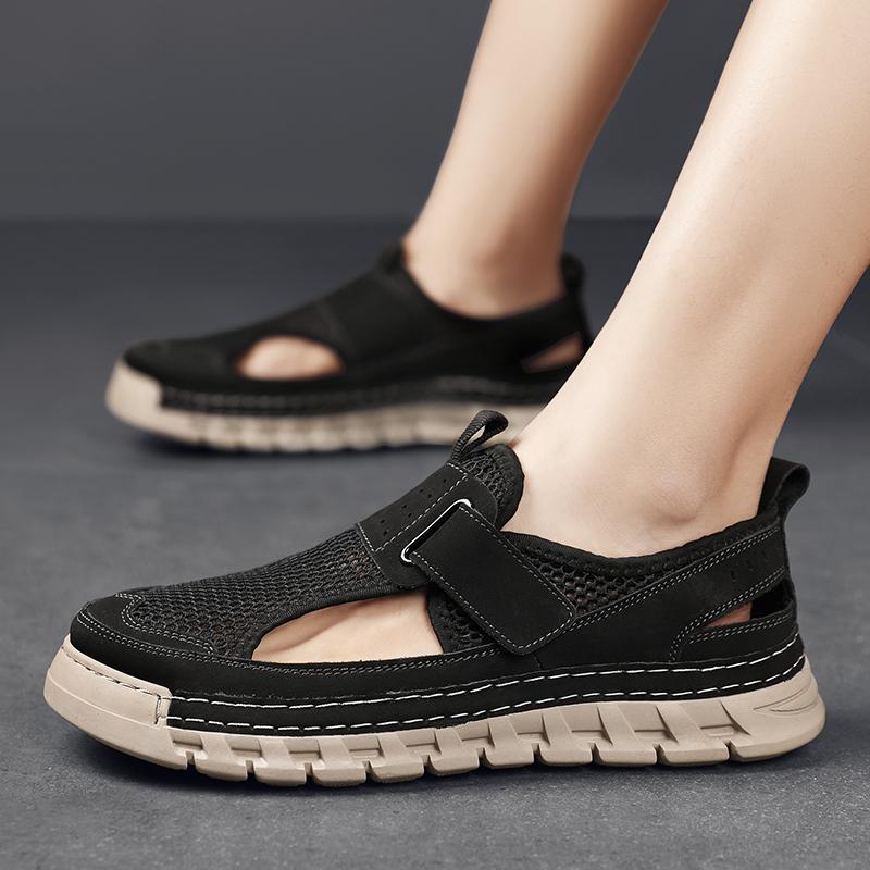 Fashion Senior Men Hand Sewn Thread Sandals Male Leather Mesh Stitching Summer Men Beach Sandals Fashion Outdoor Casual Sneakers Sandals