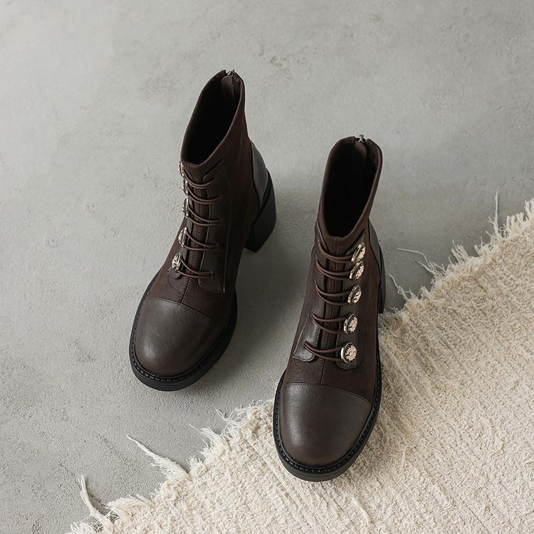 

Ботинки Мартина шнуровка пряжка заклепка медальон пряжка 2025 осень и зима круглый носок большой толстый каблук задняя молния маленькие короткие ботинки 39 темно-коричневого