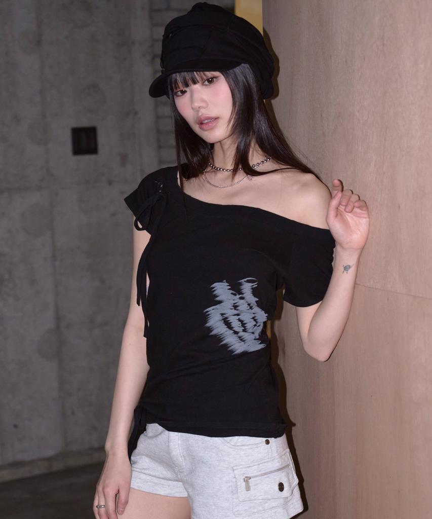 PRENDA Corset Detail One-Off-Shoulder Short Sleeve Black