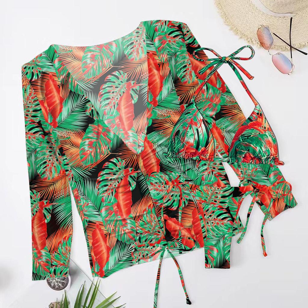 New Print Mesh Sun Protection Three-Piece Bikini Swimwear