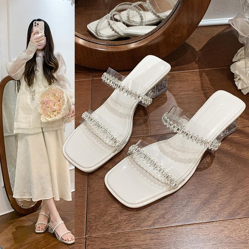 2025 new summer slippers outer wear fairy square head double row one-word diamond belt transparent thick heel sandals women's high heels