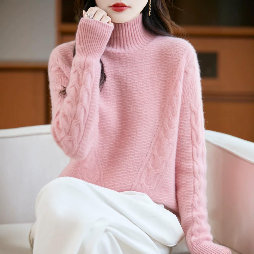 Women's Thick Semi-high Cable-knit Wool Sweater for Autumn and Winter, Soft and Warm, Pure Color, Slim-fitting Knitted Base Layer Shirt