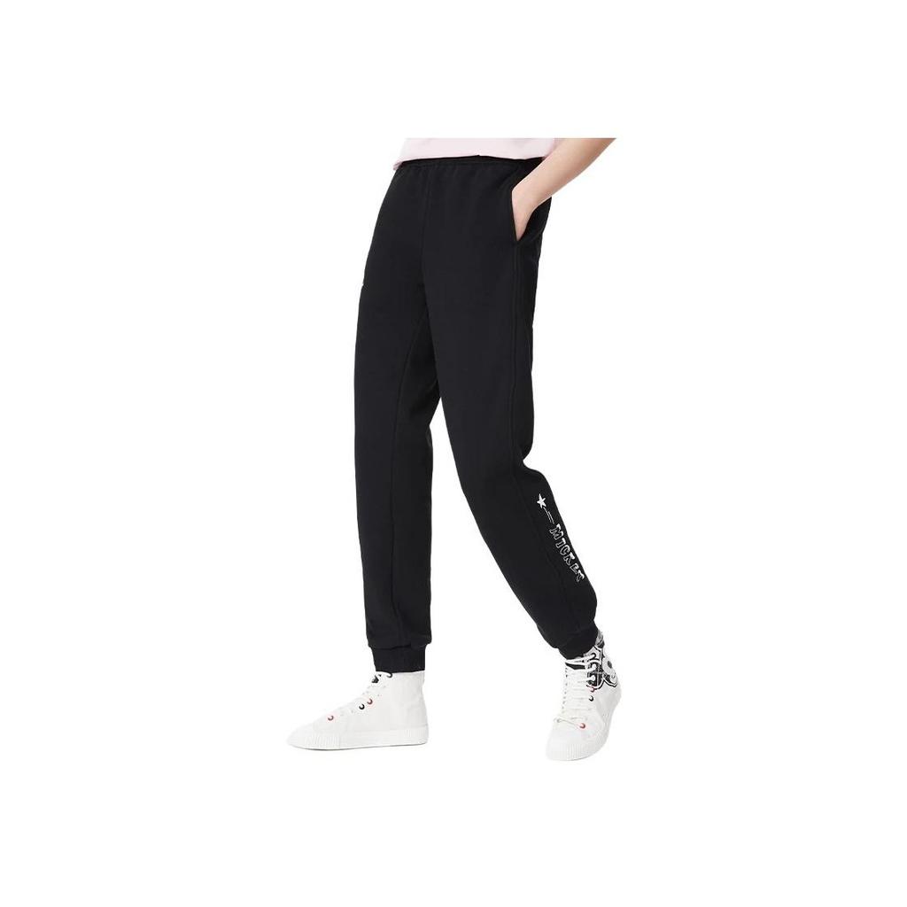 Li Ning X Disney Letter Print Fleece Warm Cuffed Sports Pants Women Bottoms Black AKLR682-1